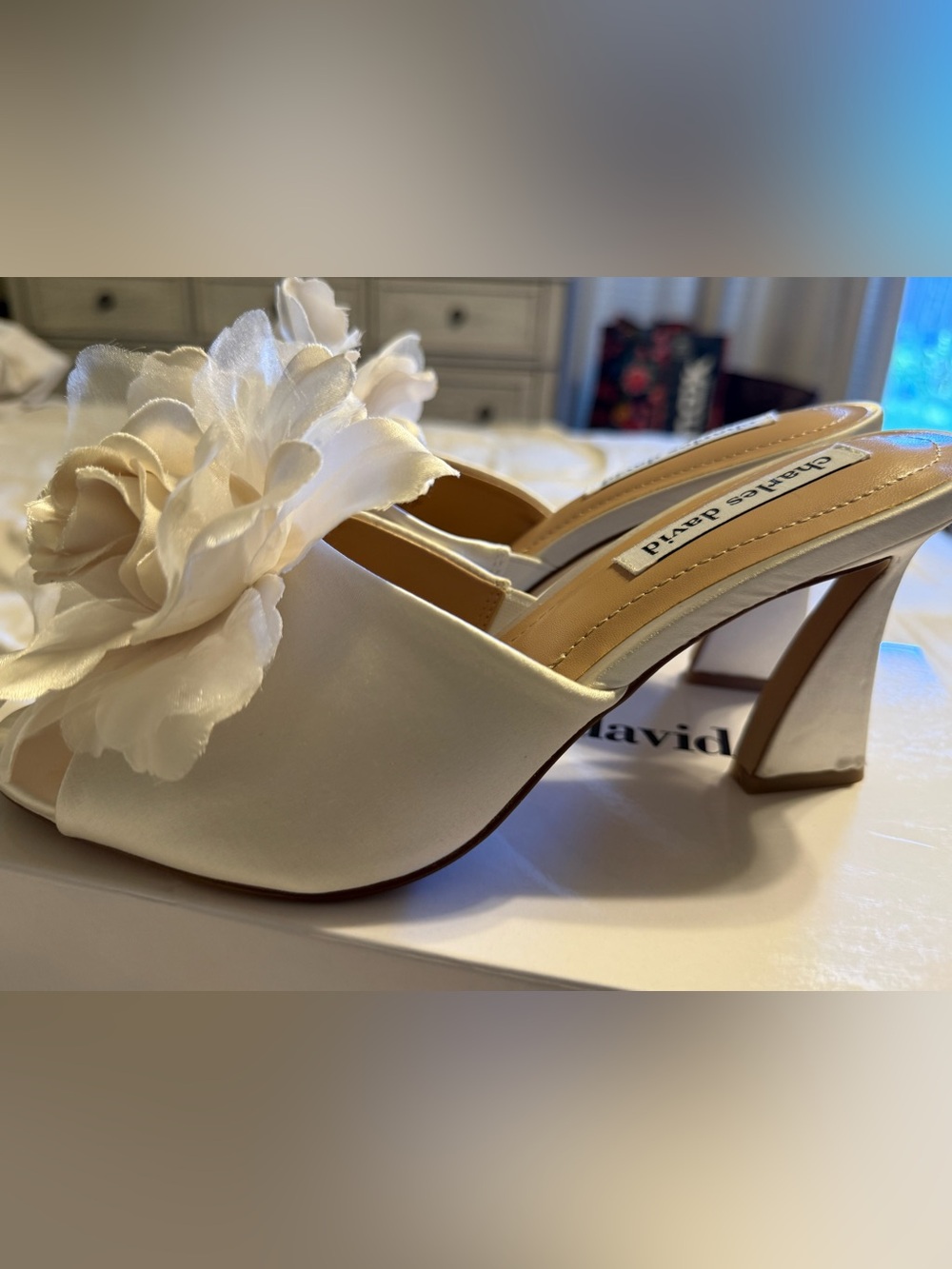 Ivory Satin Floral Slide Mules - Picture 3 of 9